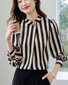 Metal buckles long sleeve shirt stripe spring tops