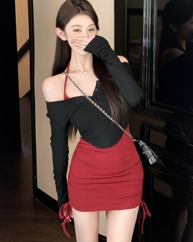 Temperament long sleeve tops fold dress 2pcs set