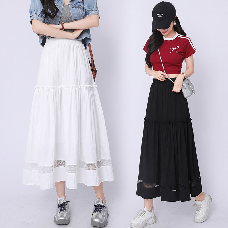 Big skirt A-line slim high waist white long skirt for women