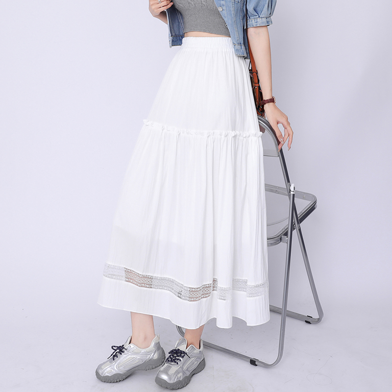 Big skirt A-line slim high waist white long skirt for women