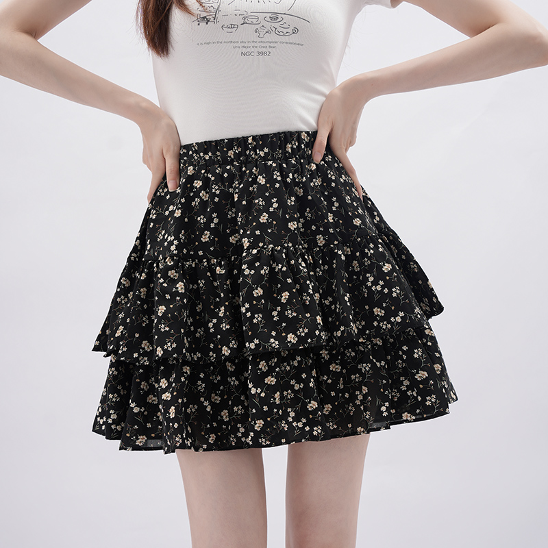 Lotus leaf edges black short skirt chiffon A-line skirt