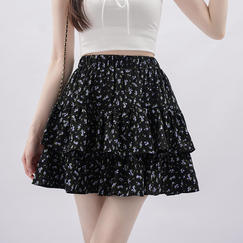 Lotus leaf edges black short skirt chiffon A-line skirt