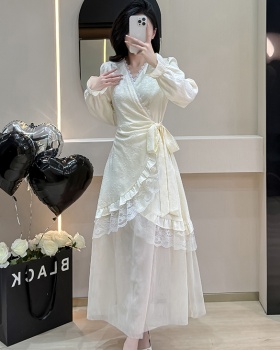 Lace bandage splice gauze temperament autumn lady dress