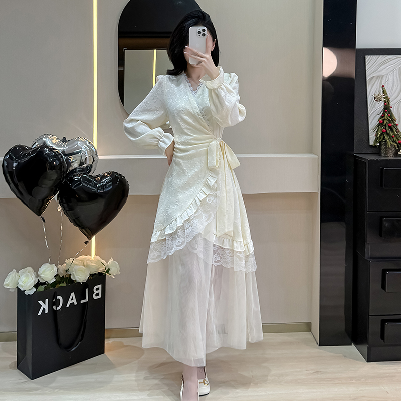 Lace bandage splice gauze temperament autumn lady dress