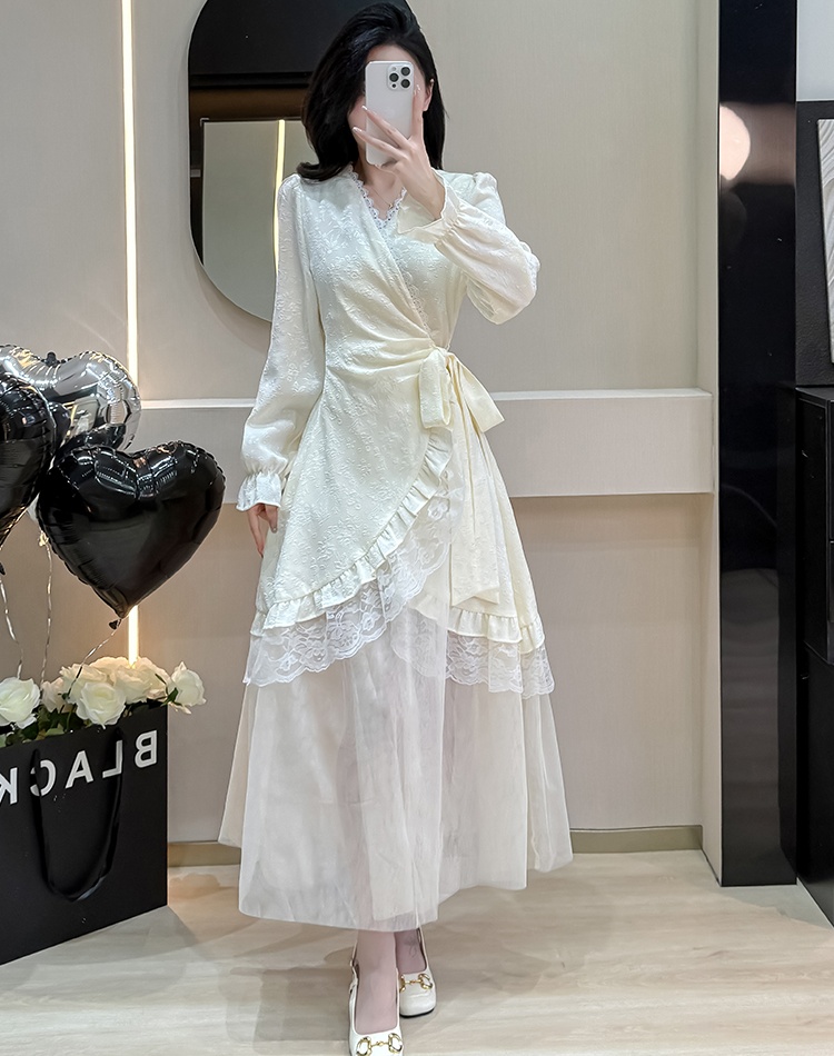 Lace bandage splice gauze temperament autumn lady dress