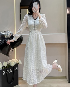 Sweet embroidery refinement Korean style exceed knee dress