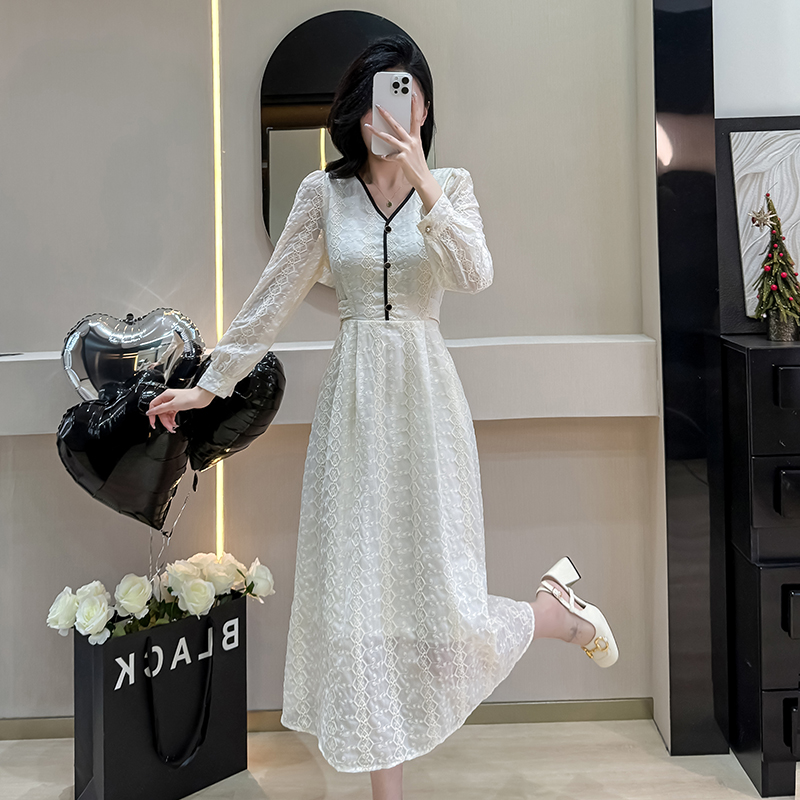 Sweet embroidery refinement Korean style exceed knee dress