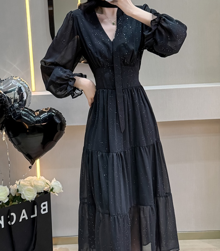 Retro spring dress temperament black long dress for women