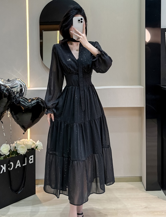 Retro spring dress temperament black long dress for women