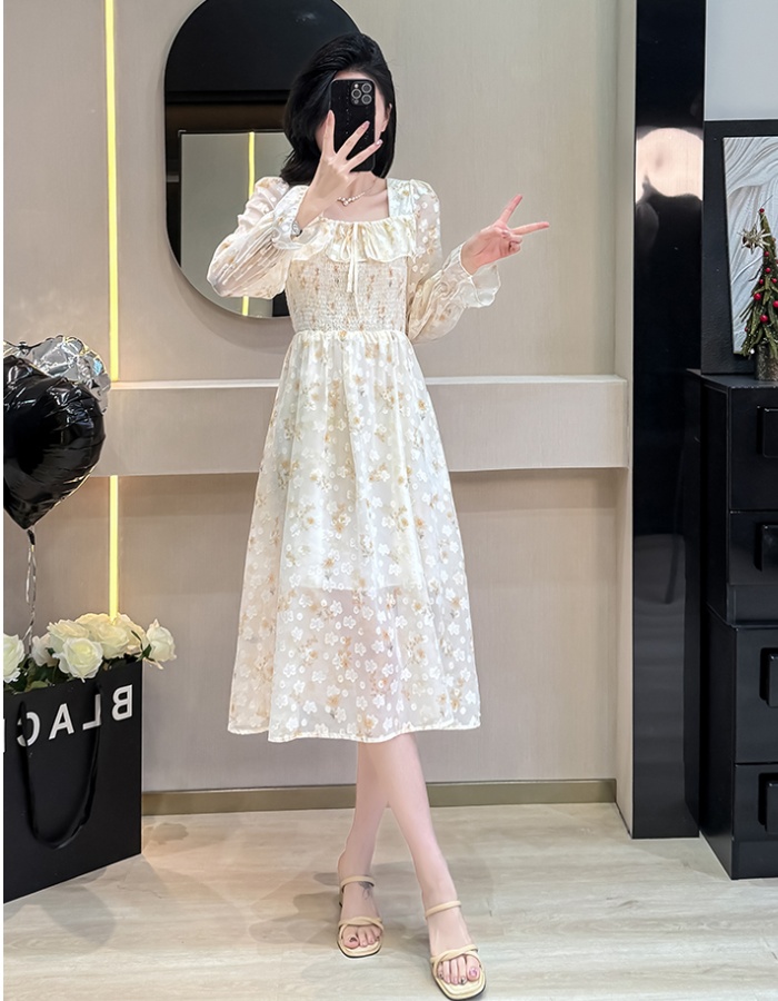 Puff sleeve lotus leaf edges France style floral dress