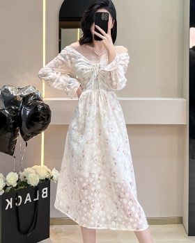 France style pinched waist jacquard lotus sleeve long dress