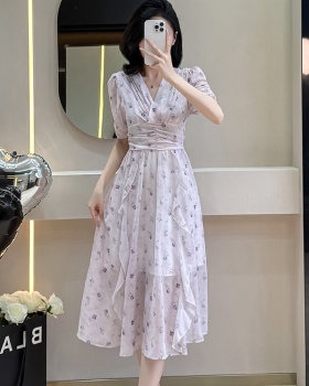 Puff sleeve V-neck chiffon summer dress for women