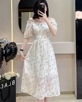 Jacquard puff sleeve France style long dress for women