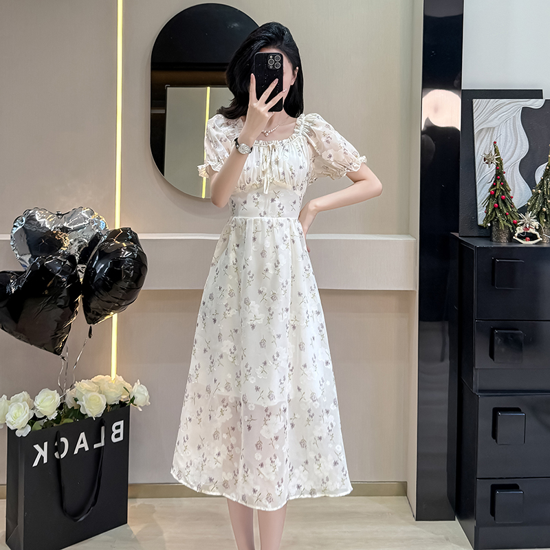 Jacquard puff sleeve France style long dress for women