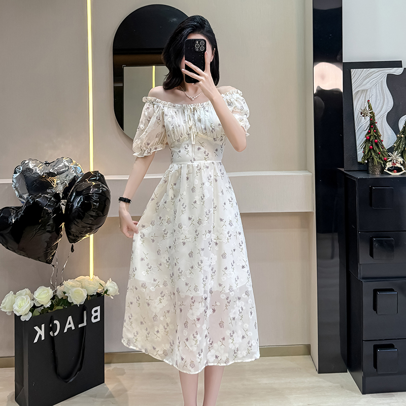 Jacquard puff sleeve France style long dress for women