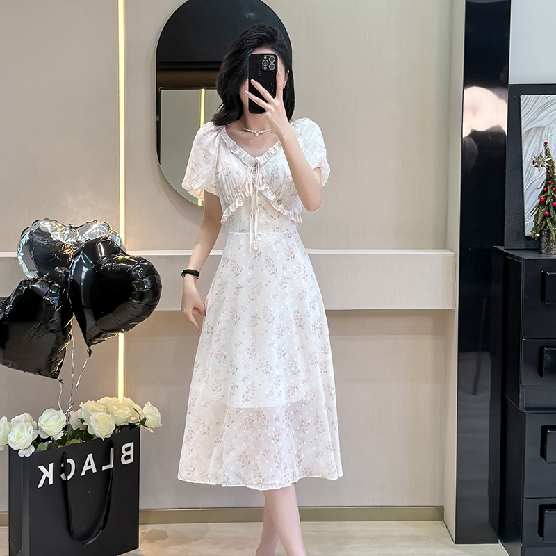 Bud sleeve wear summer printing wood ear dress for women