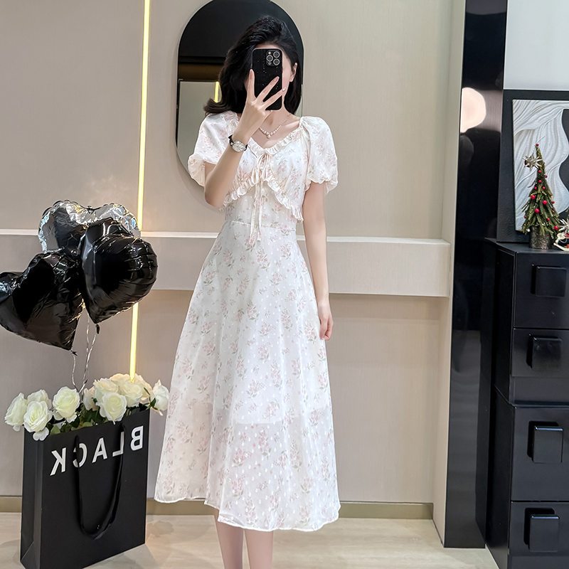 Bud sleeve wear summer printing wood ear dress for women