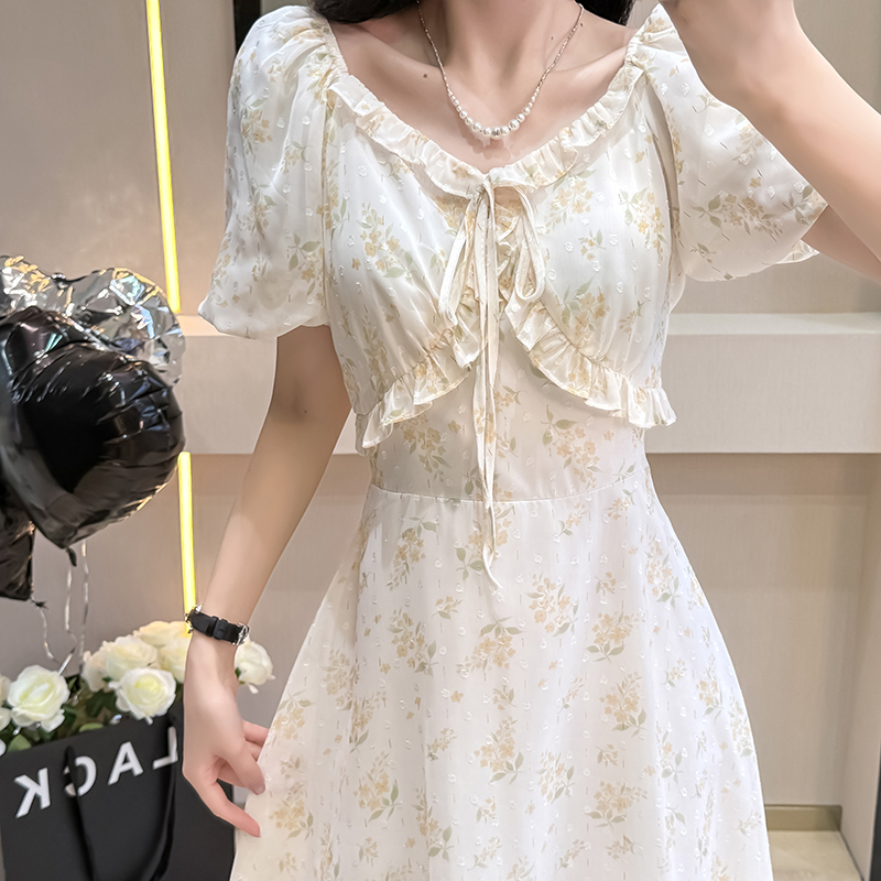 Printing wood ear long lotus leaf edges sweet slim dress