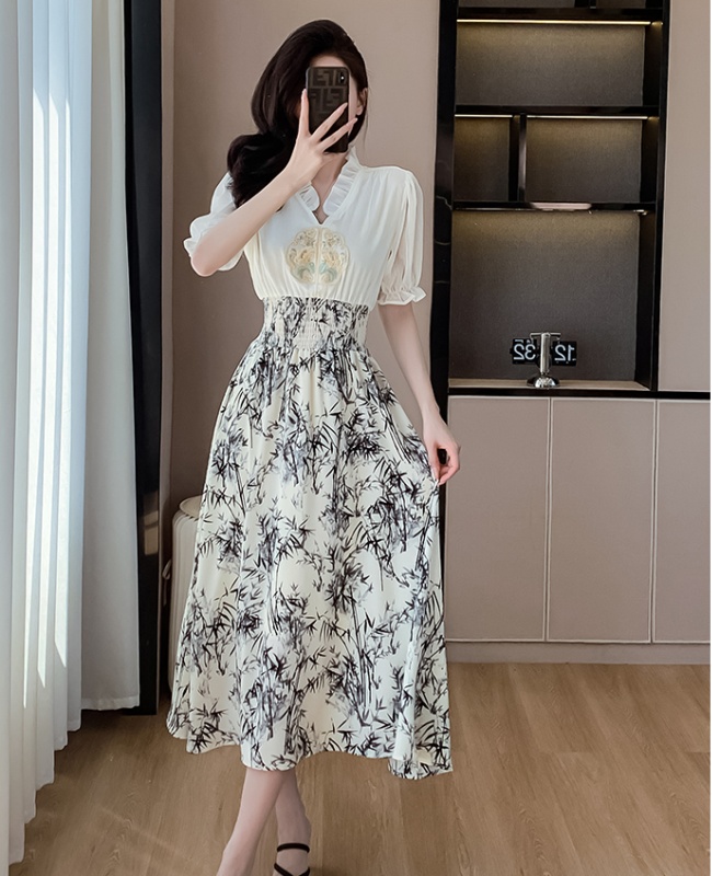 Floral puff sleeve embroidered Chinese style dress