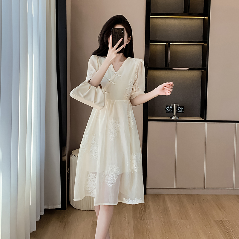 Puff sleeve V-neck dress Chinese style cheongsam for women