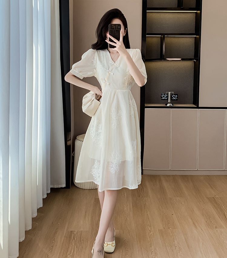 Puff sleeve V-neck dress Chinese style cheongsam for women