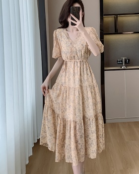 Art chiffon printing V-neck long dress for women