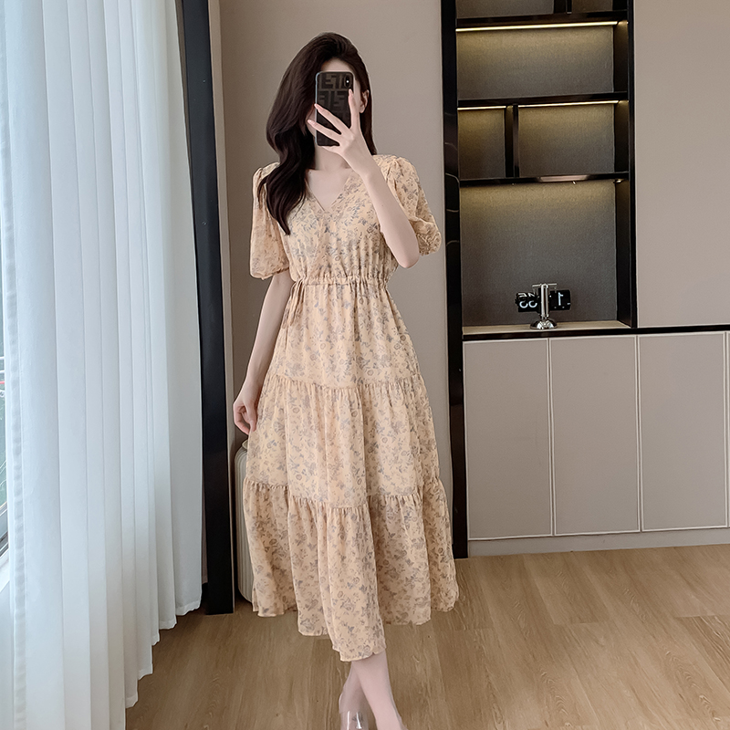 Art chiffon printing V-neck long dress for women