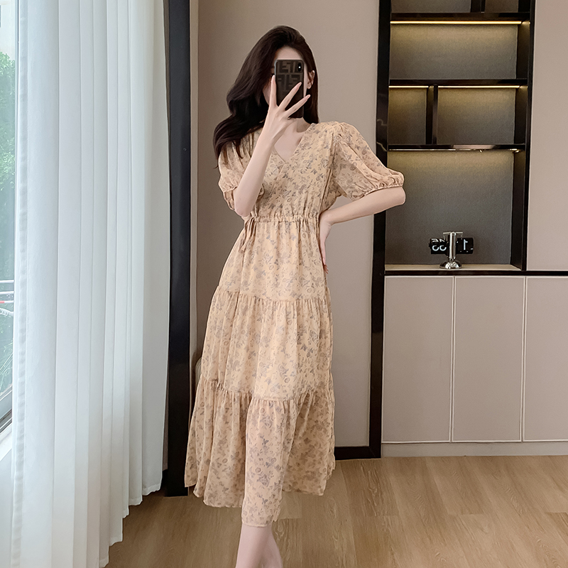 Art chiffon printing V-neck long dress for women