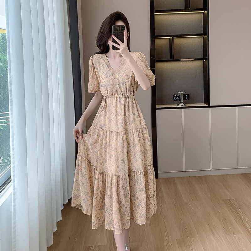 Art chiffon printing V-neck long dress for women