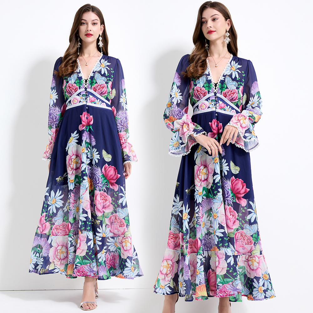 Lotus leaf edges vacation colors long dress 2pcs set