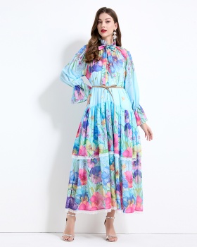 Printing flowers pinched waist lace dress 2pcs set