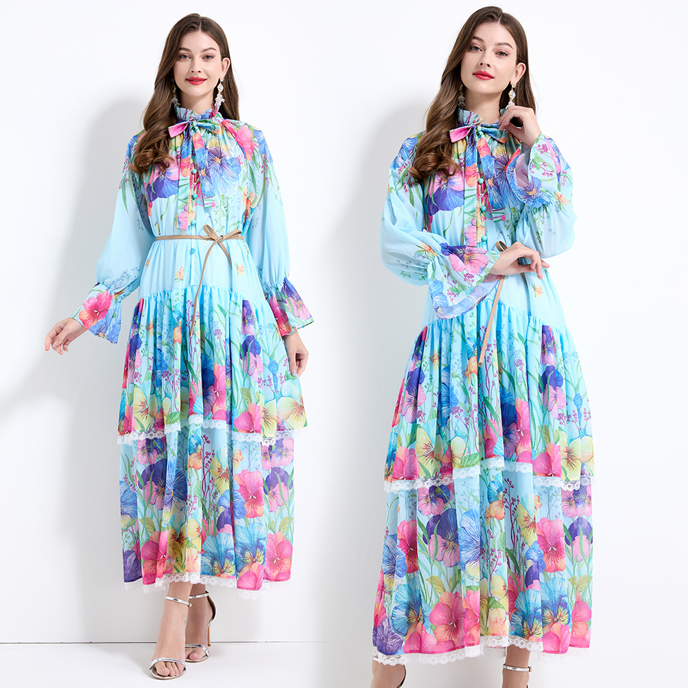 Printing flowers pinched waist lace dress 2pcs set