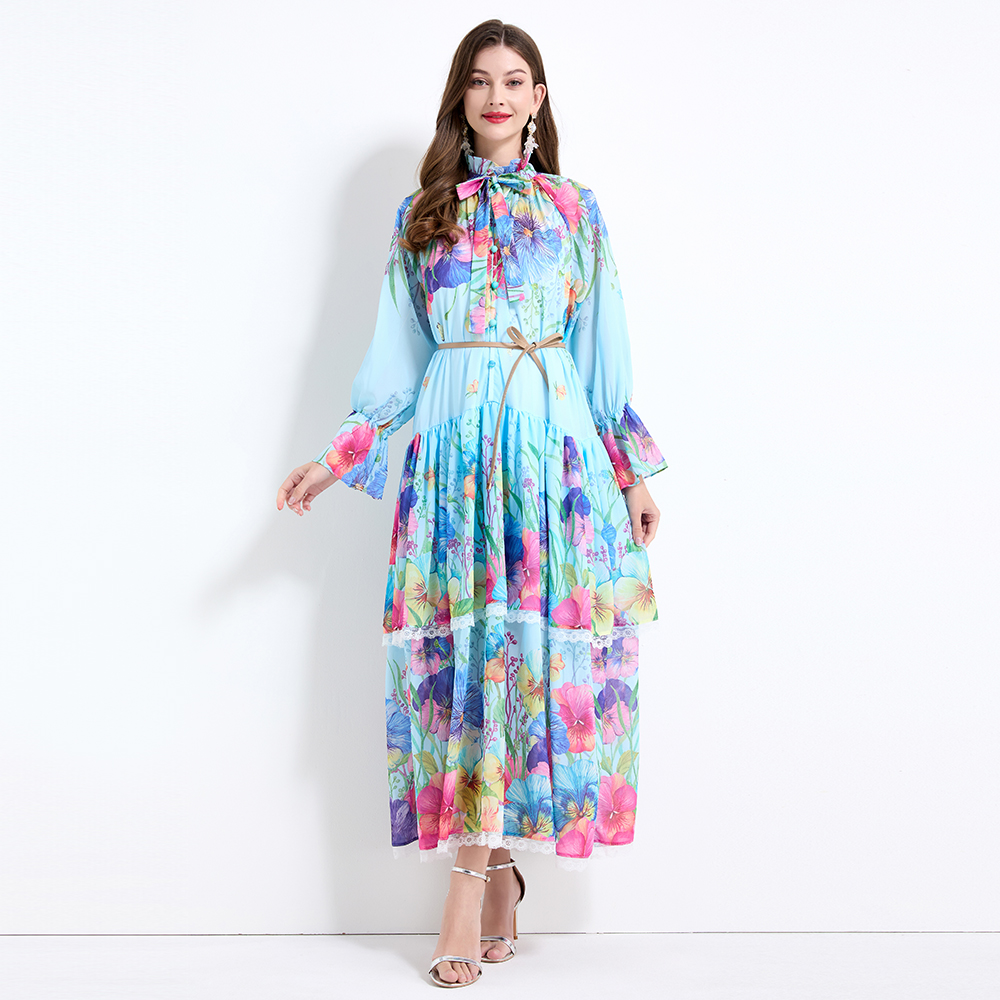 Printing flowers pinched waist lace dress 2pcs set