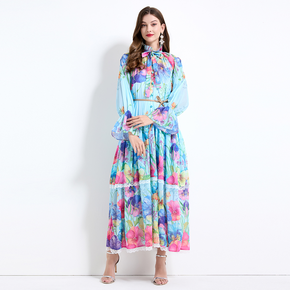 Printing flowers pinched waist lace dress 2pcs set