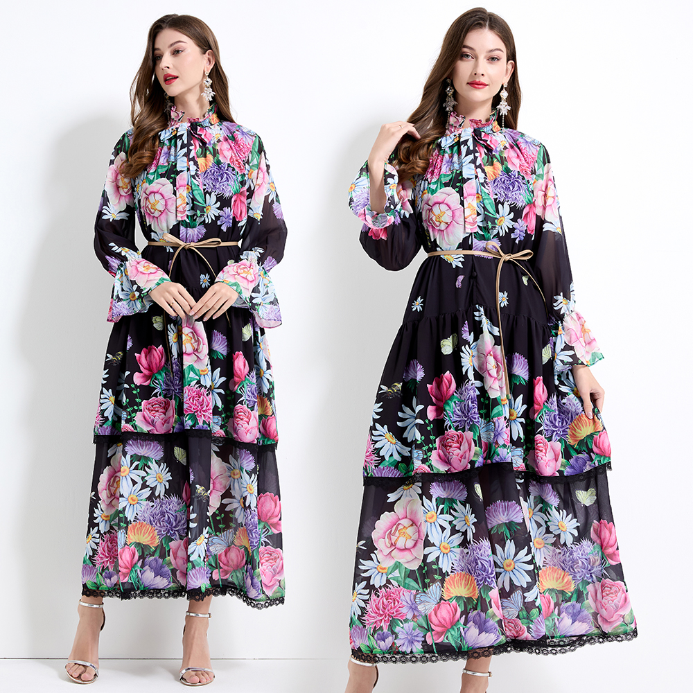 Cake flowers pinched waist vacation printing dress 2pcs set