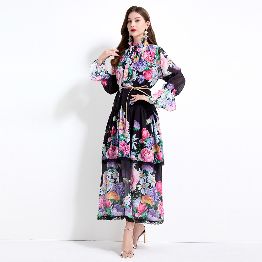 Cake flowers pinched waist vacation printing dress 2pcs set