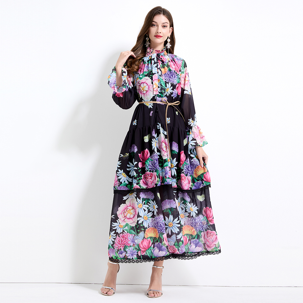 Cake flowers pinched waist vacation printing dress 2pcs set