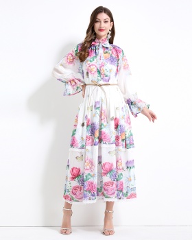 Cake printing pinched waist lace dress 2pcs set