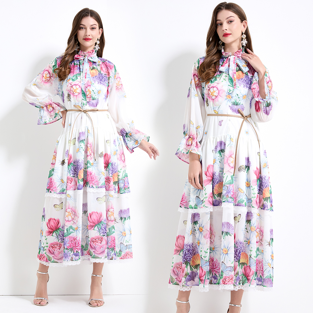 Cake printing pinched waist lace dress 2pcs set