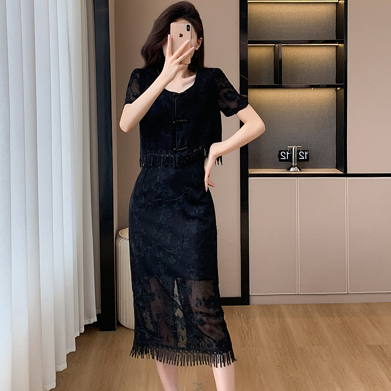 Summer Chinese style tops tassels lace skirt 2pcs set