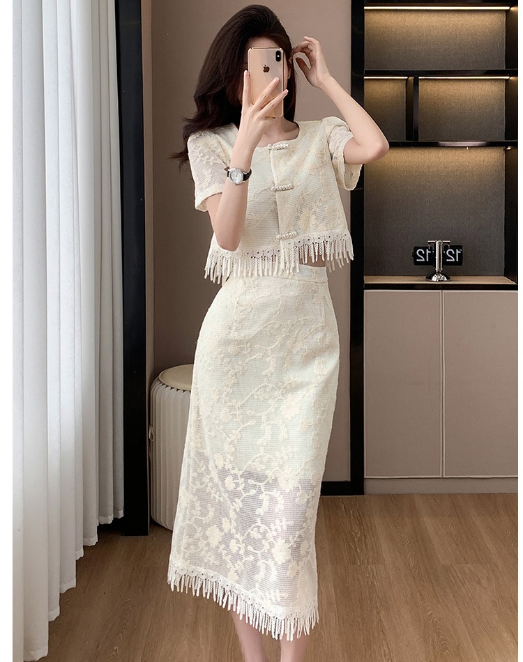 Summer Chinese style tops tassels lace skirt 2pcs set