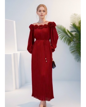 Pleated gauze dress rose stereoscopic long dress