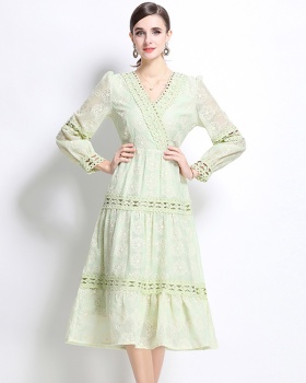 Embroidery long dress lantern sleeve formal dress