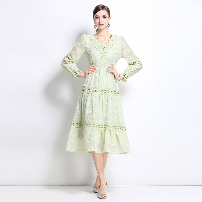 Embroidery long dress lantern sleeve formal dress