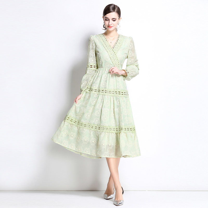 Embroidery long dress lantern sleeve formal dress