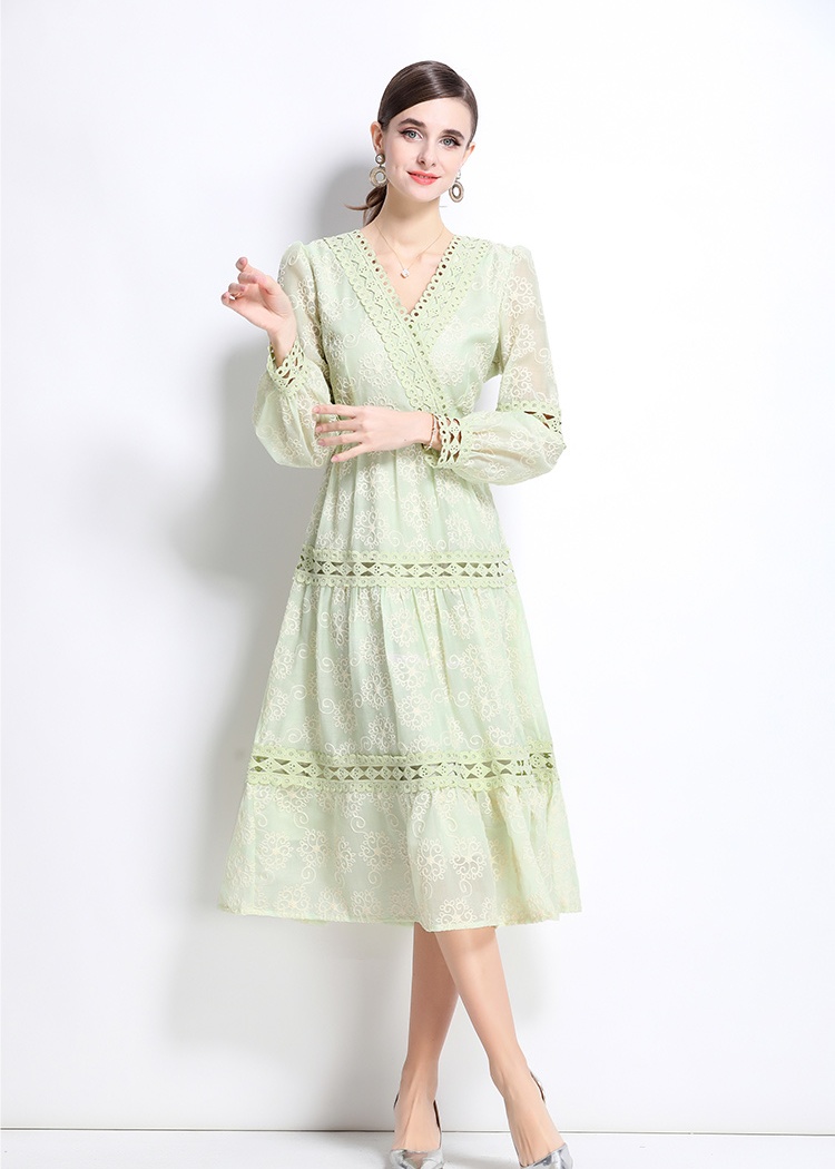 Embroidery long dress lantern sleeve formal dress