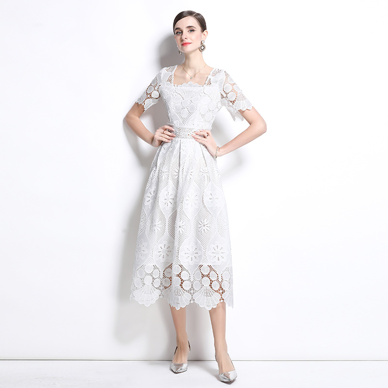 Elegant pinched waist dress France style hollow long dress