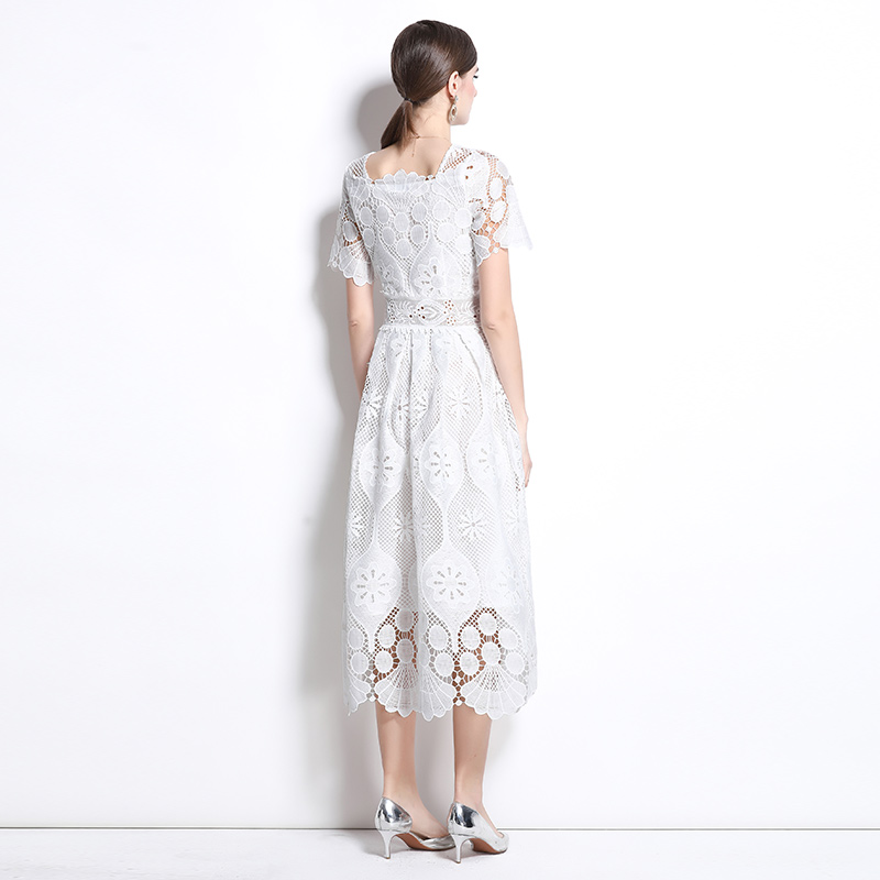 Elegant pinched waist dress France style hollow long dress