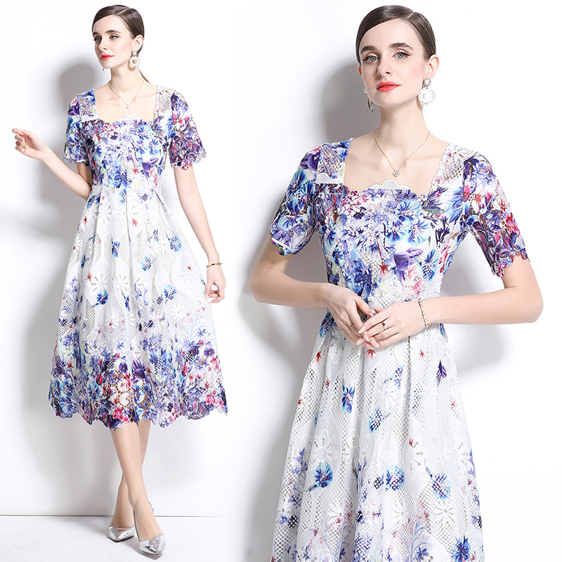 Fashion slim lace hollow short sleeve long spring and summer dress