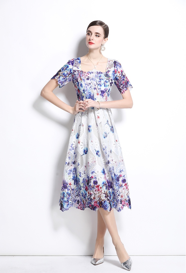 Fashion slim lace hollow short sleeve long spring and summer dress